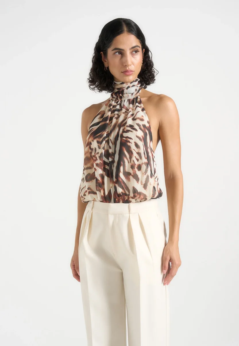 Phoebe - Animal Blouson Tie-Neck Open Back Top - Multi - Image 4