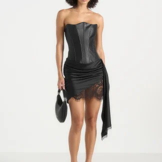 Valeska - Leather Corset Satin Lace Sash Mini Dress - Black