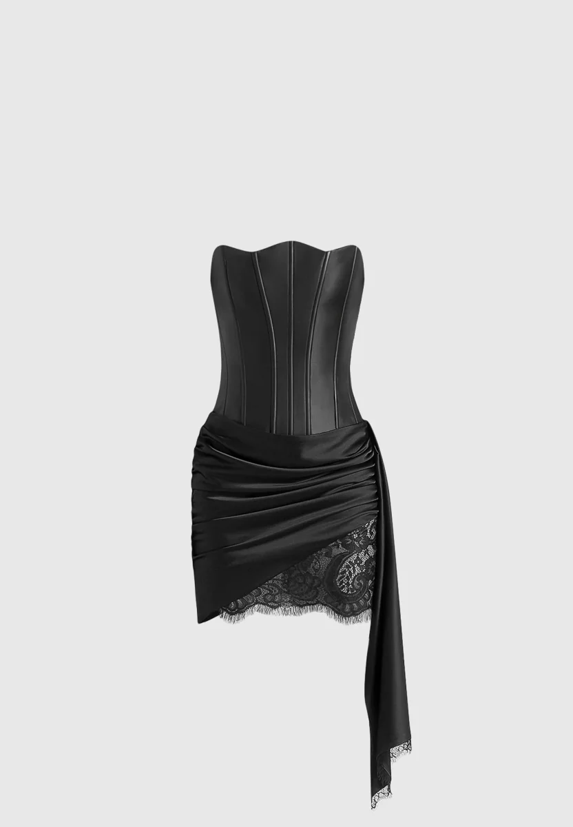 Valeska - Leather Corset Satin Lace Sash Mini Dress - Black - Image 6