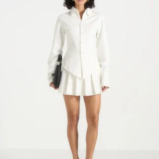 Rina - Pinstripe Pleated Skort - White