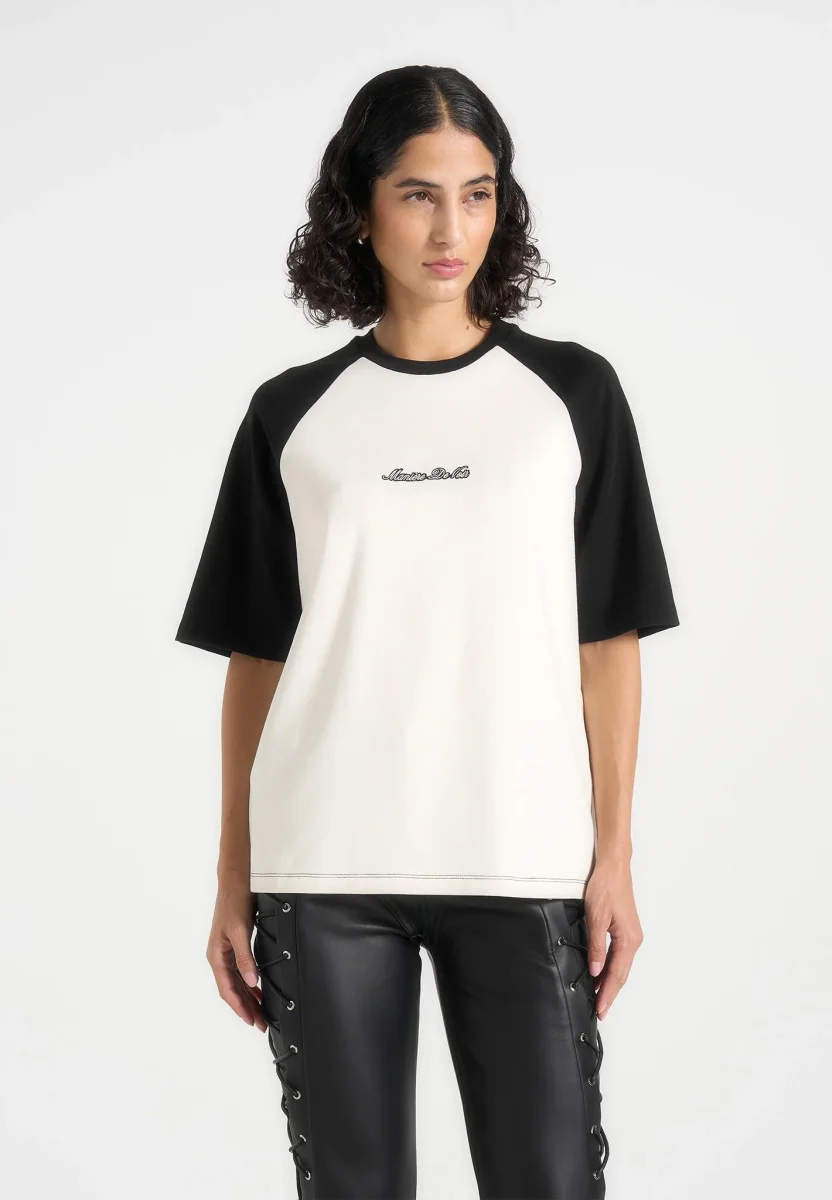 Unisex Signature Raglan Cotton T-Shirt - White/Black - Image 4