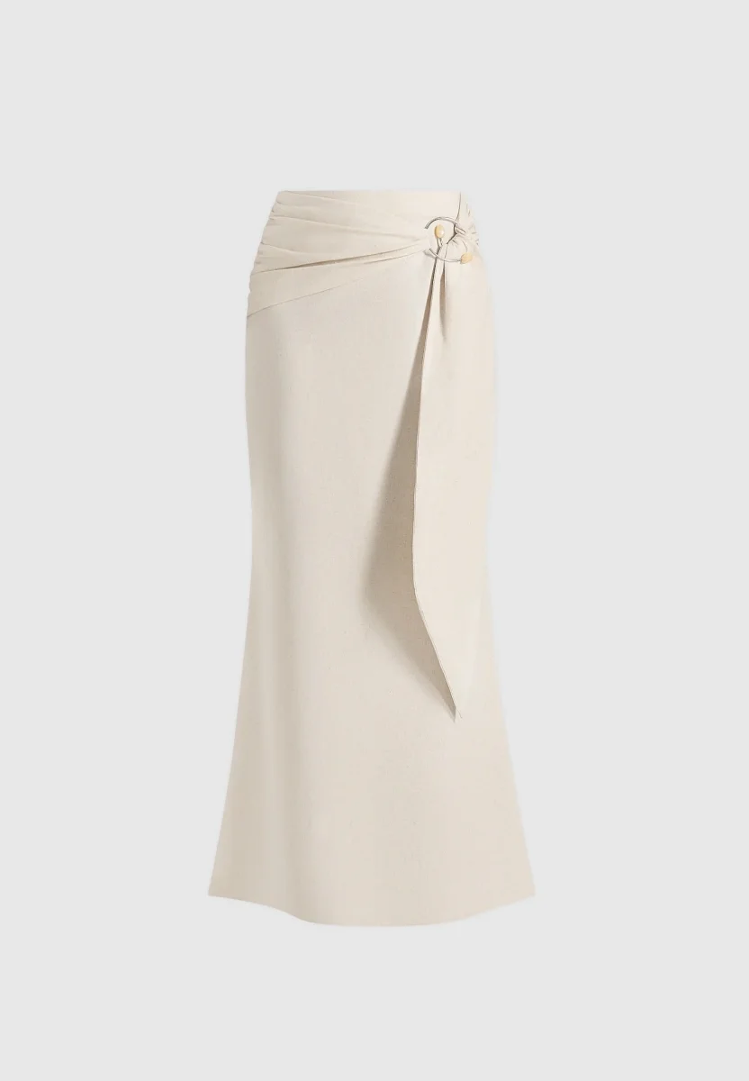 Holly - Linen Asymmetric Wrap Tie Maxi Skirt - Natural - Image 6