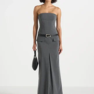 Tabitha - Tailored Pinstripe Bandeau Belted Maxi Dress - Grey