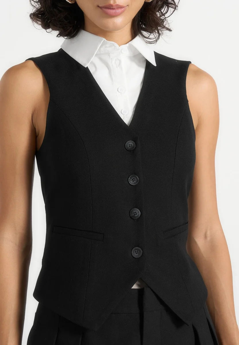 Irene - Collar Detail Cinched Waistcoat - Black/White - Image 5