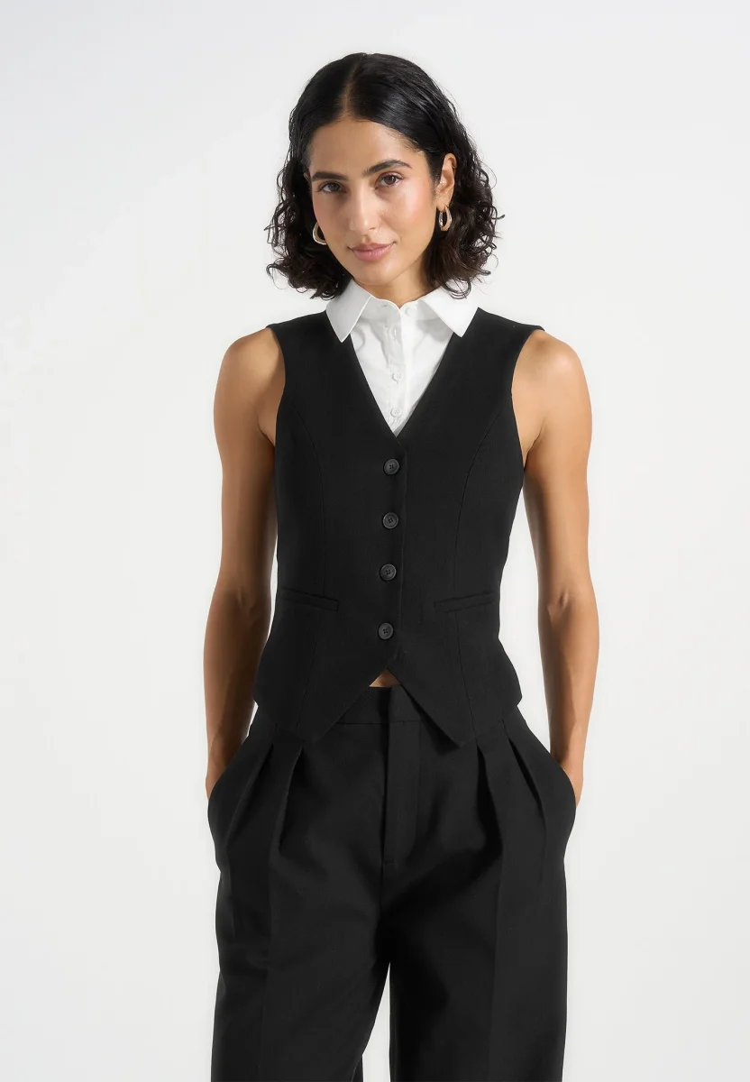Irene - Collar Detail Cinched Waistcoat - Black/White - Image 3