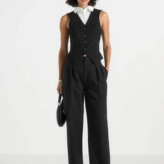 Irene - Collar Detail Cinched Waistcoat - Black/White