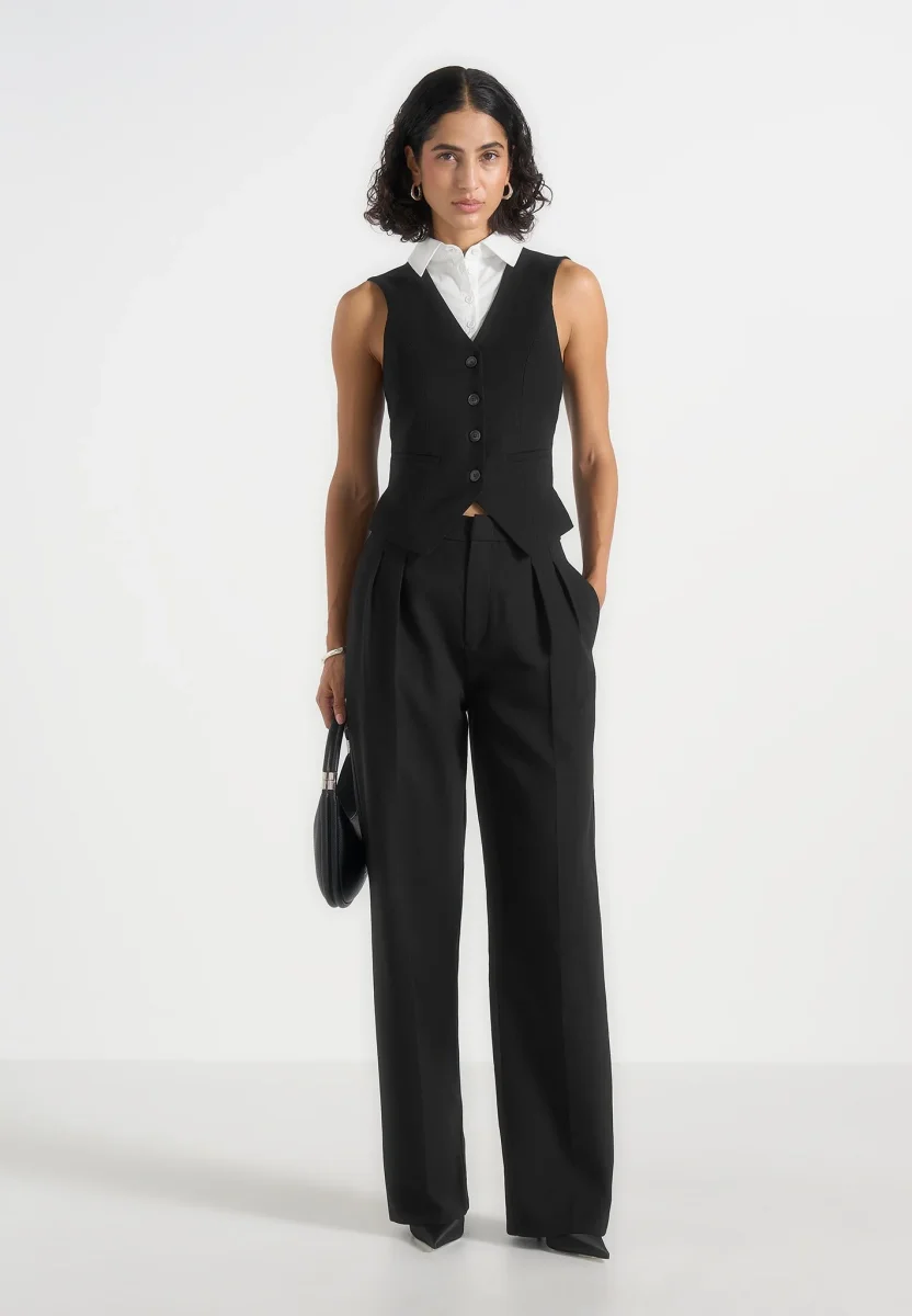 Irene - Collar Detail Cinched Waistcoat - Black/White