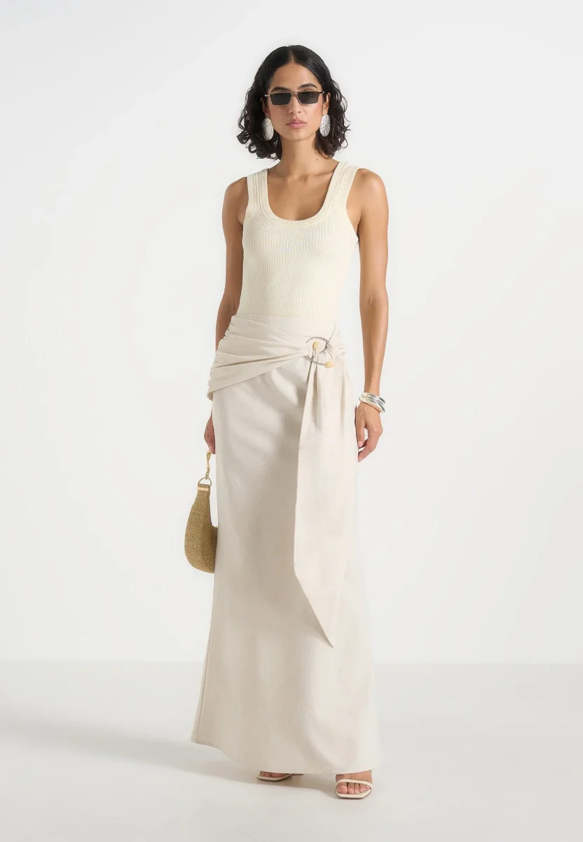 Holly - Linen Asymmetric Wrap Tie Maxi Skirt - Natural - Image 3
