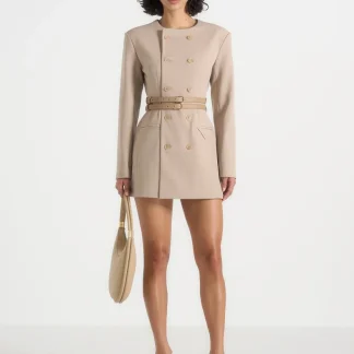 Sierra - Double Breasted Belted Blazer Dress - Taupe