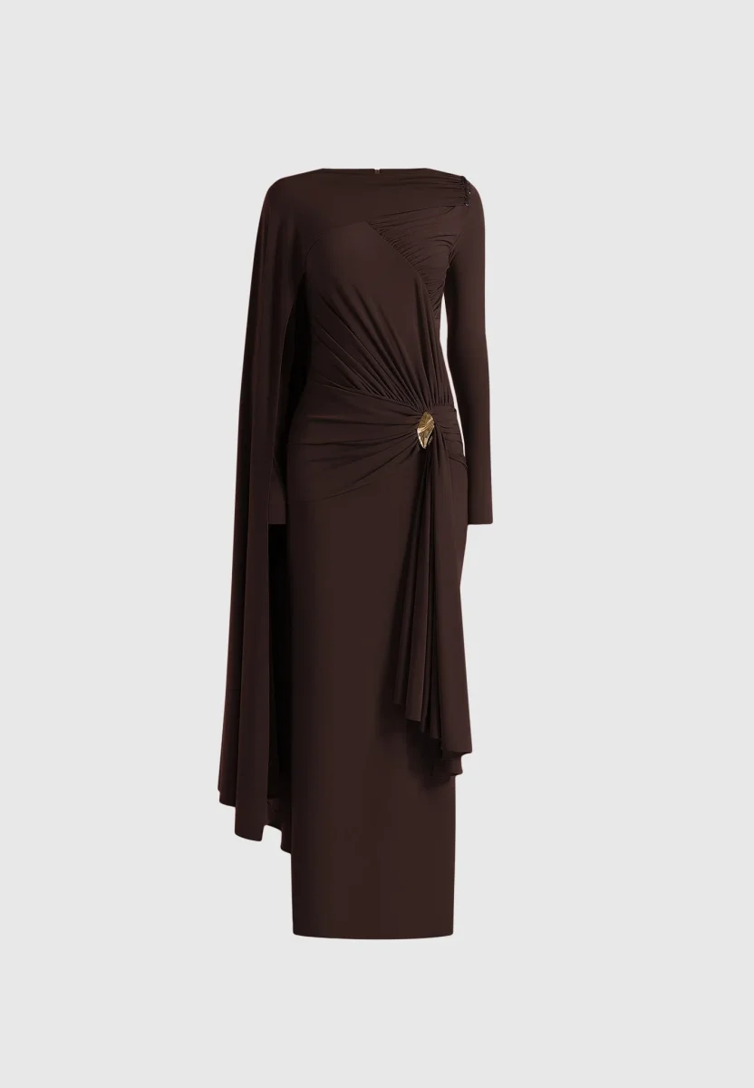 Edena - Asymmetric Ruched Draped Maxi Dress - Brown - Image 9