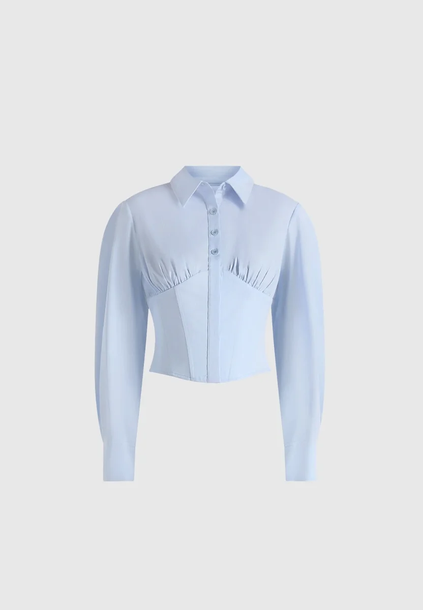 Margot - Corset Cotton Shirt - Pale Blue - Image 5