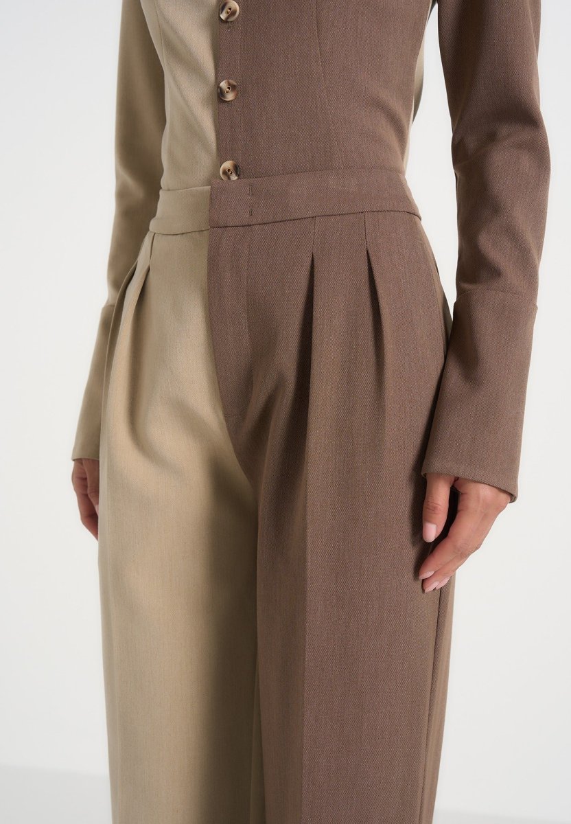 Julie - Two Tone Tailored Pants - Taupe/Brown - Image 4