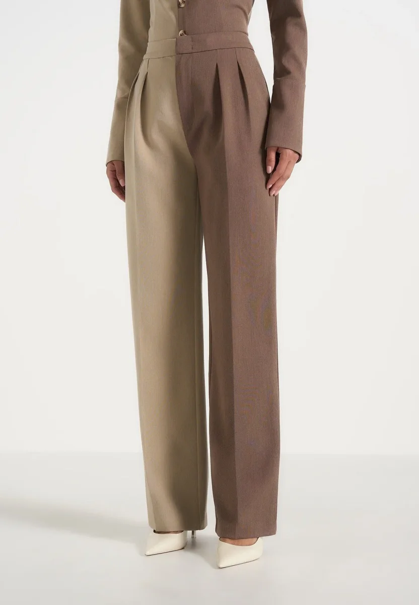 Julie - Two Tone Tailored Pants - Taupe/Brown