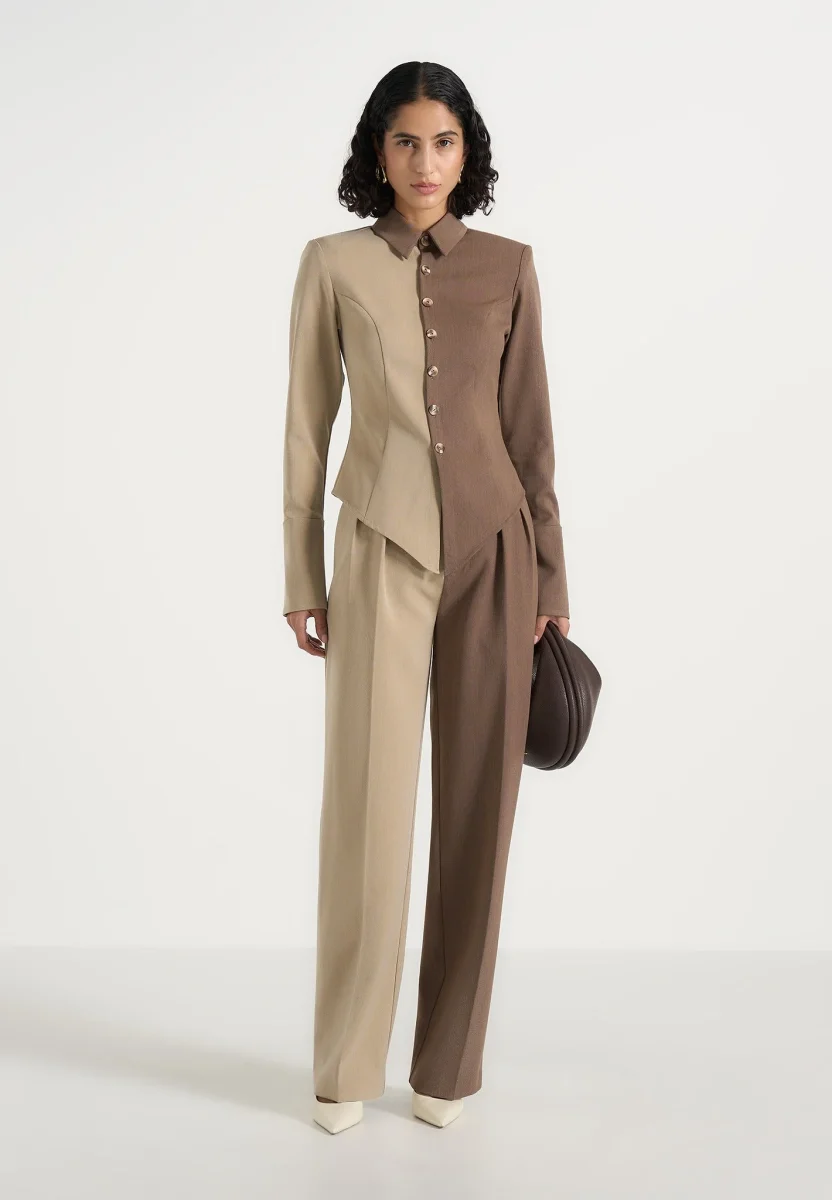 Julie - Two Tone Tailored Pants - Taupe/Brown - Image 3