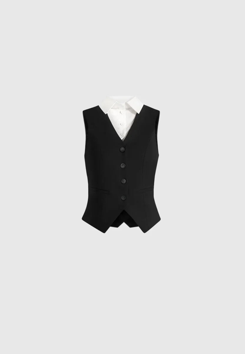 Irene - Collar Detail Cinched Waistcoat - Black/White - Image 7