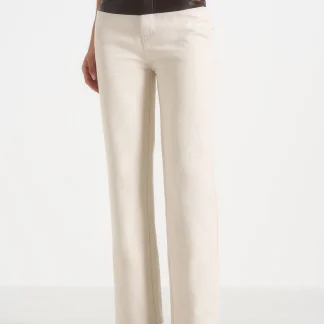 Renee - Denim & Leather Straight Leg Jeans - Cream/Brown