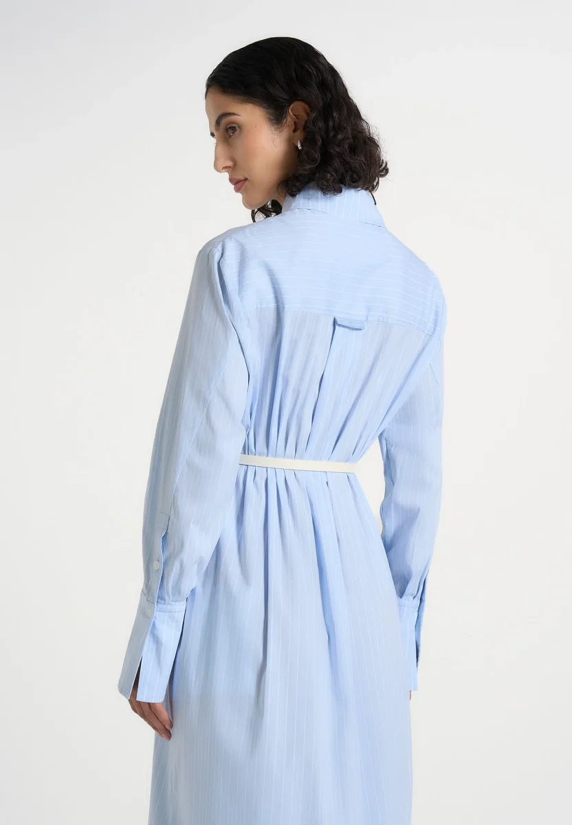Isa - Belted Pinstripe Cotton Midi Shirt Dress - Pale Blue - Image 6