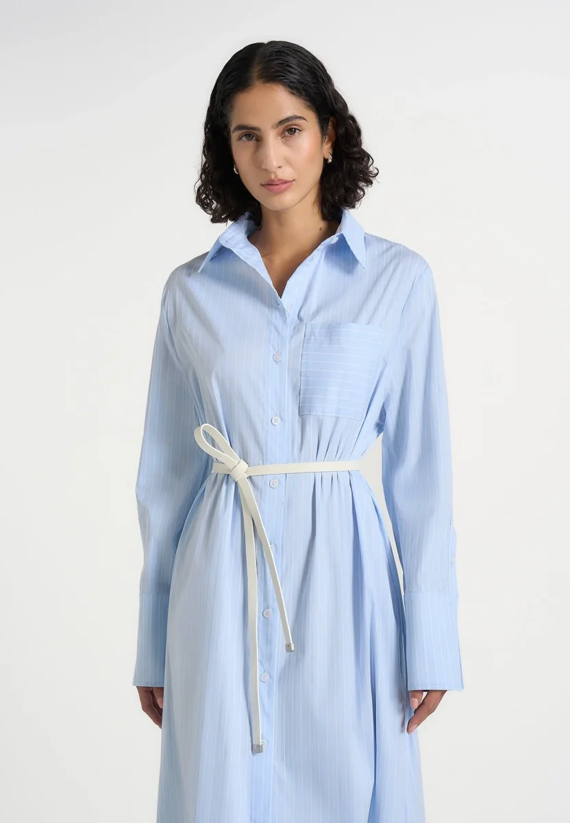 Isa - Belted Pinstripe Cotton Midi Shirt Dress - Pale Blue - Image 3