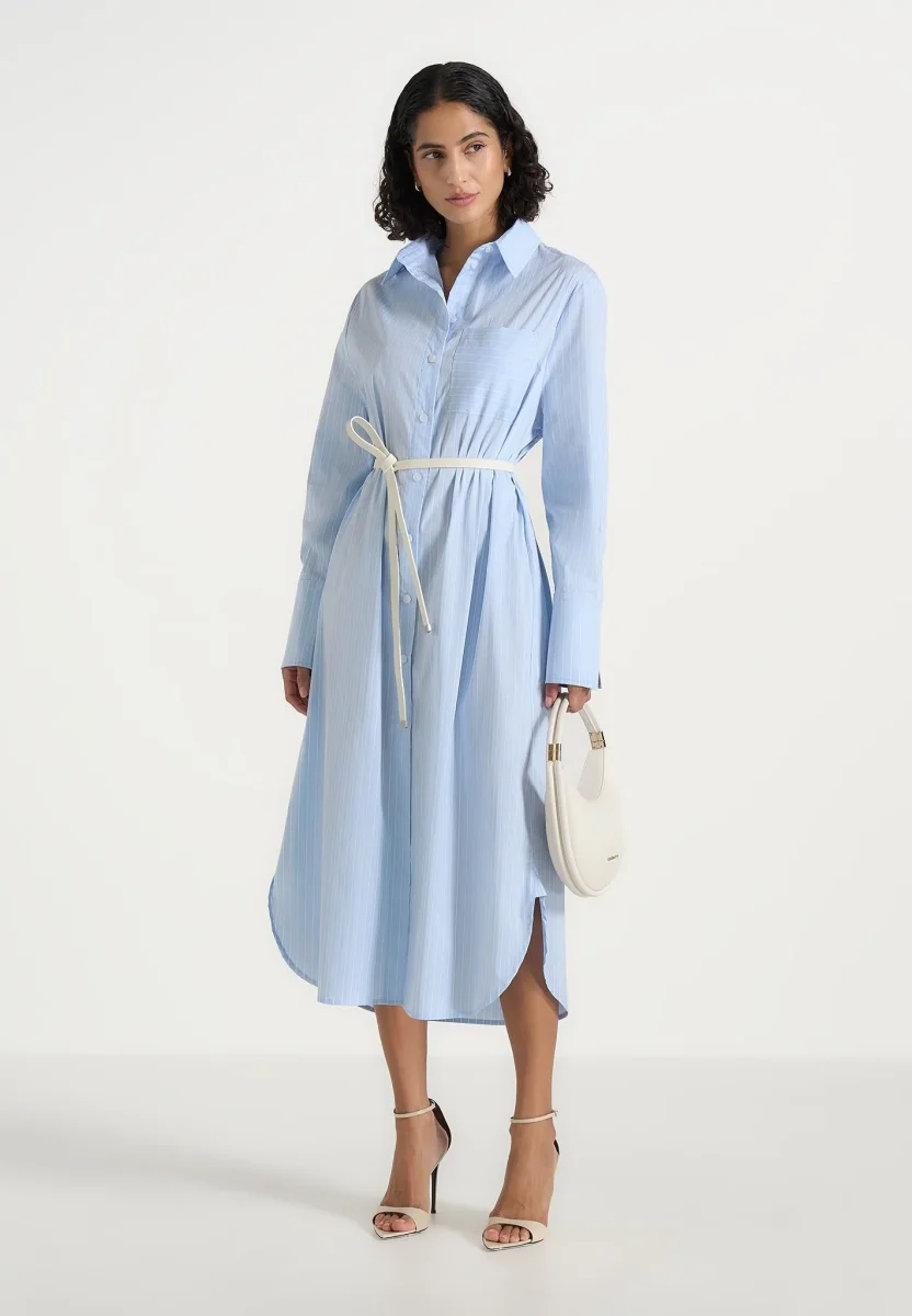 Isa - Belted Pinstripe Cotton Midi Shirt Dress - Pale Blue - Image 2