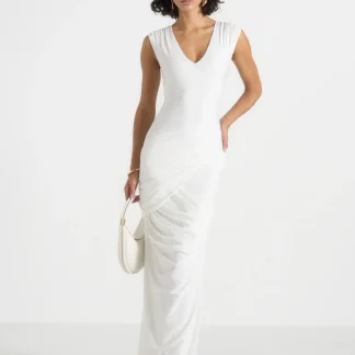 Bridget - V Neck Asym Ruched Maxi Dress - White