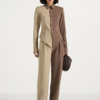 Sonia - Two Tone Tailored Shirt - Taupe/Brown