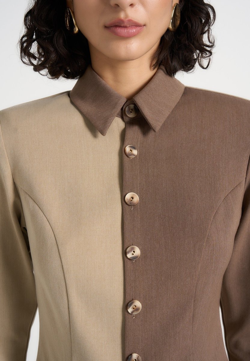 Sonia - Two Tone Tailored Shirt - Taupe/Brown - Image 5