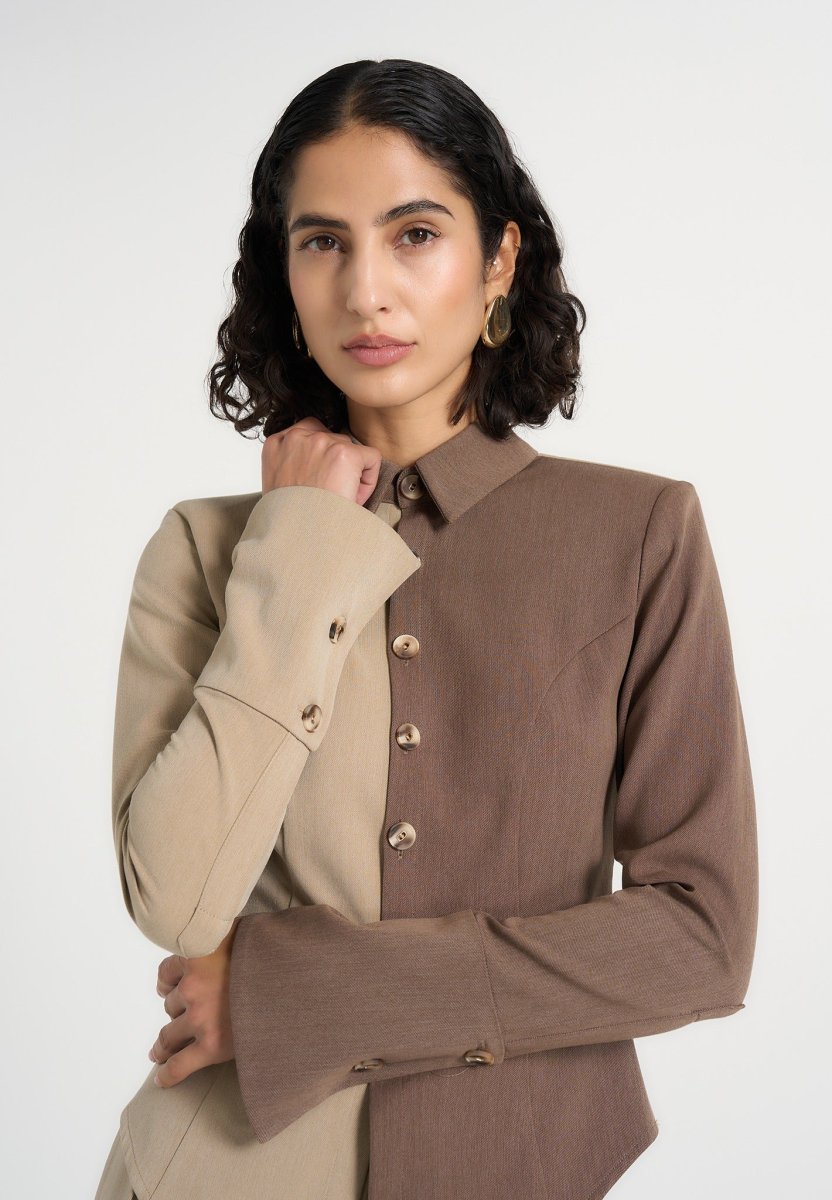Sonia - Two Tone Tailored Shirt - Taupe/Brown - Image 3