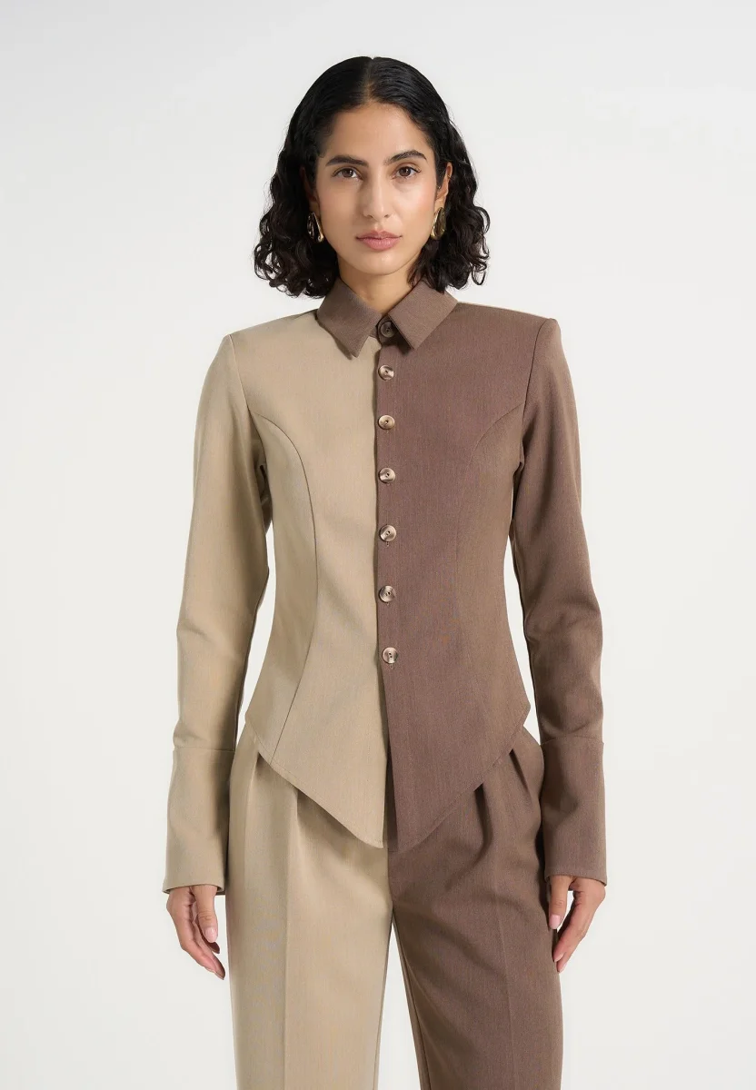 Sonia - Two Tone Tailored Shirt - Taupe/Brown - Image 4