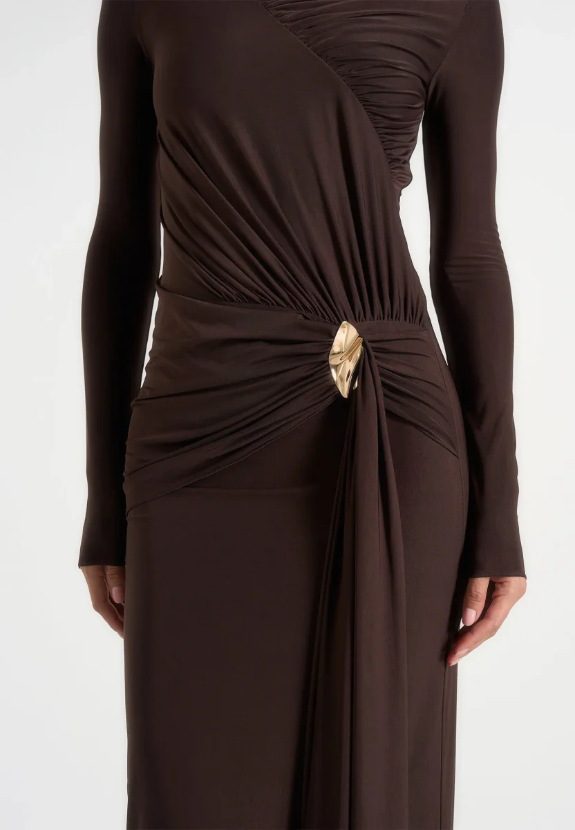 Edena - Asymmetric Ruched Draped Maxi Dress - Brown - Image 5