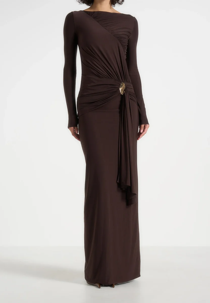 Edena - Asymmetric Ruched Draped Maxi Dress - Brown - Image 6