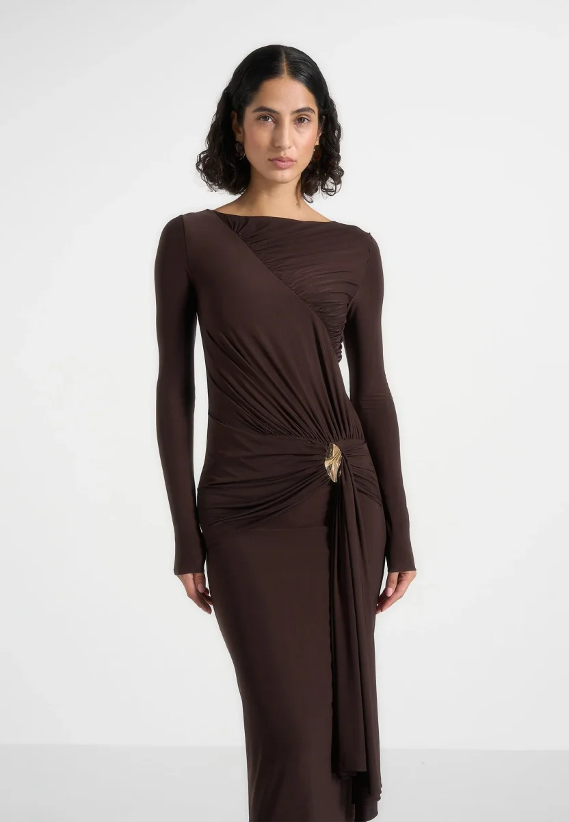 Edena - Asymmetric Ruched Draped Maxi Dress - Brown - Image 4