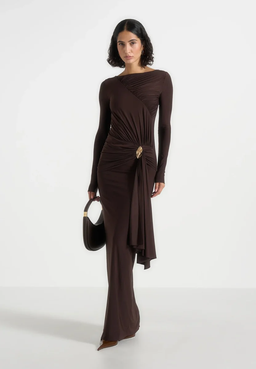 Edena - Asymmetric Ruched Draped Maxi Dress - Brown - Image 3