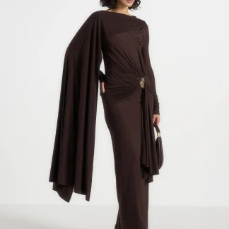 Edena - Asymmetric Ruched Draped Maxi Dress - Brown