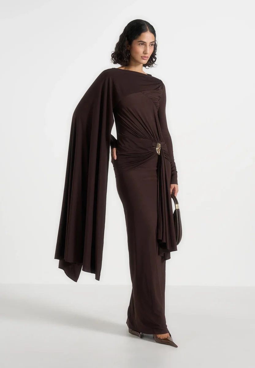 Edena - Asymmetric Ruched Draped Maxi Dress - Brown - Image 2