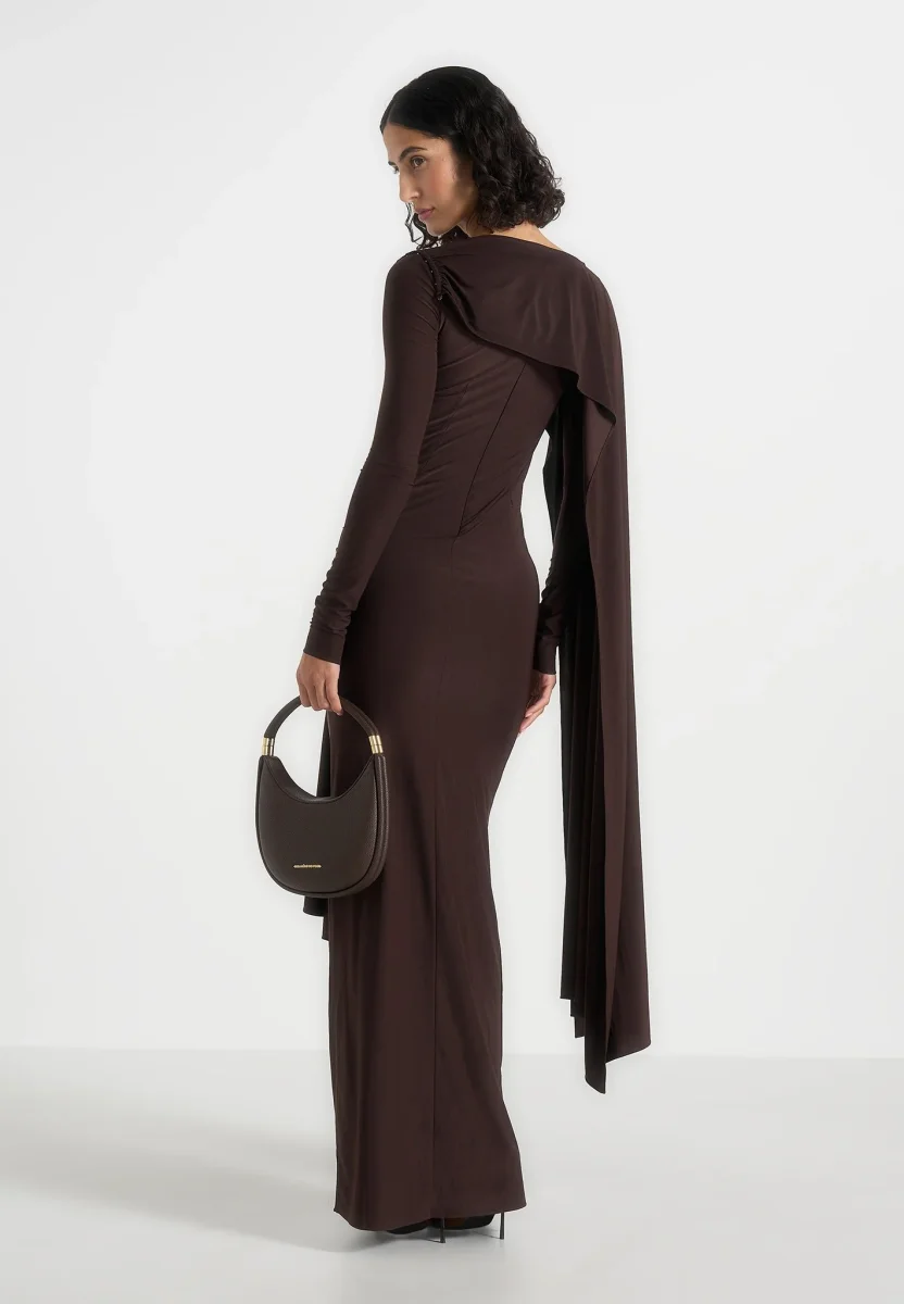Edena - Asymmetric Ruched Draped Maxi Dress - Brown - Image 7