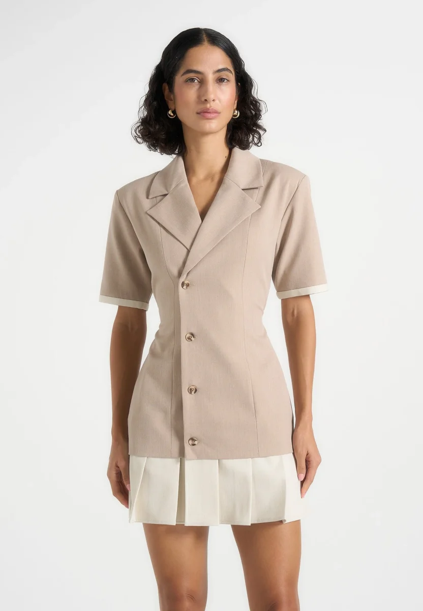 Baya - Tailored Cinch Waist Pleated Blazer Dress - Beige - Image 5