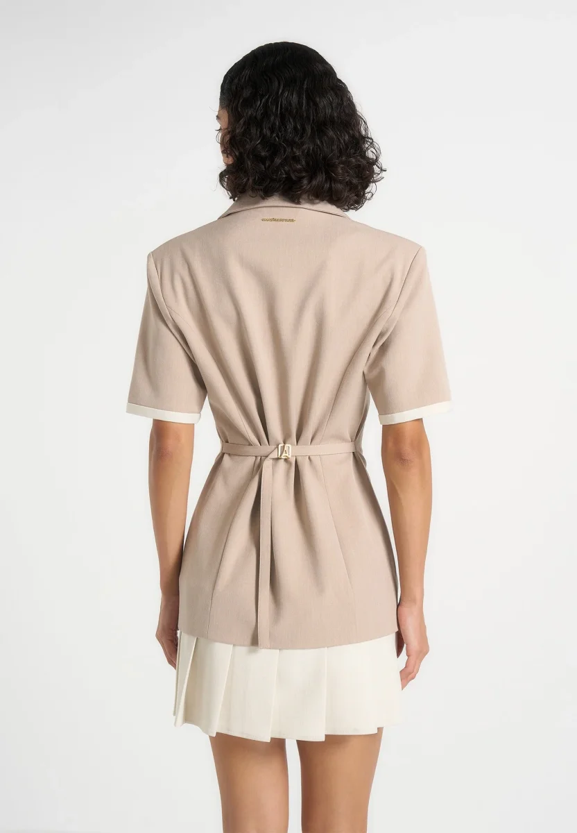 Baya - Tailored Cinch Waist Pleated Blazer Dress - Beige - Image 4