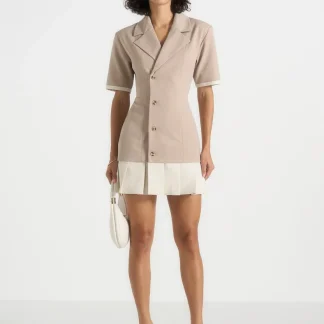 Baya - Tailored Cinch Waist Pleated Blazer Dress - Beige