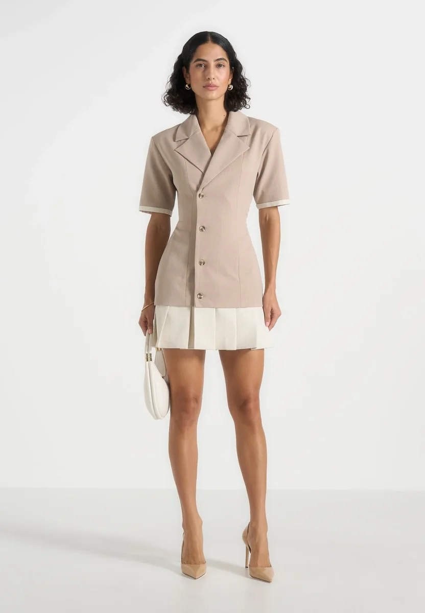 Baya - Tailored Cinch Waist Pleated Blazer Dress - Beige - Image 2