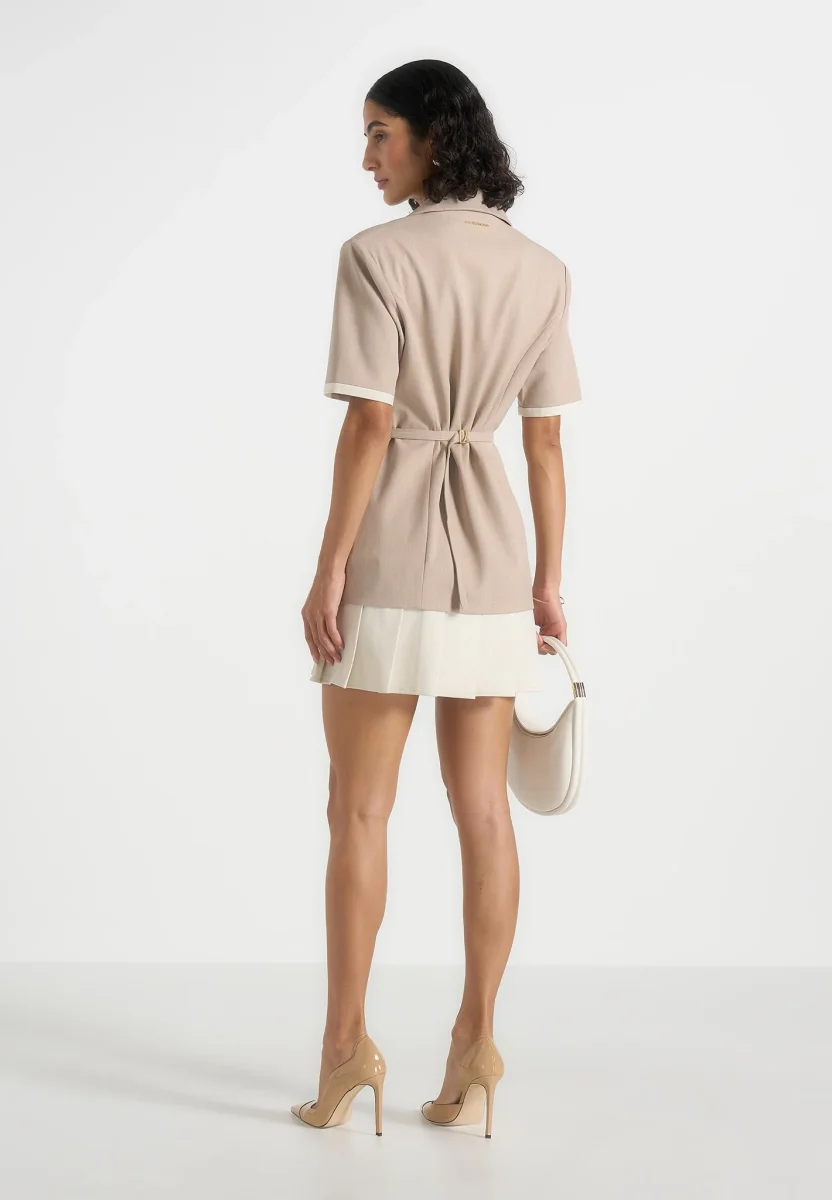 Baya - Tailored Cinch Waist Pleated Blazer Dress - Beige - Image 6