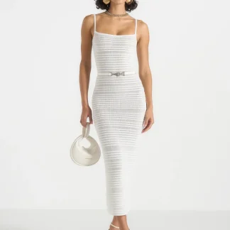 Danika - Metallic Knit Belted Midi Dress - White