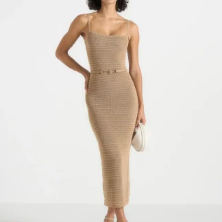 Danika - Metallic Rib Knit Belted Midi Dress - Gold