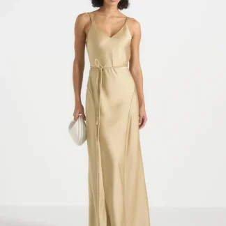 Saffron - Satin Belted Maxi Dress - Gold