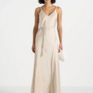 Saffron - Satin Belted Maxi Dress - Champagne