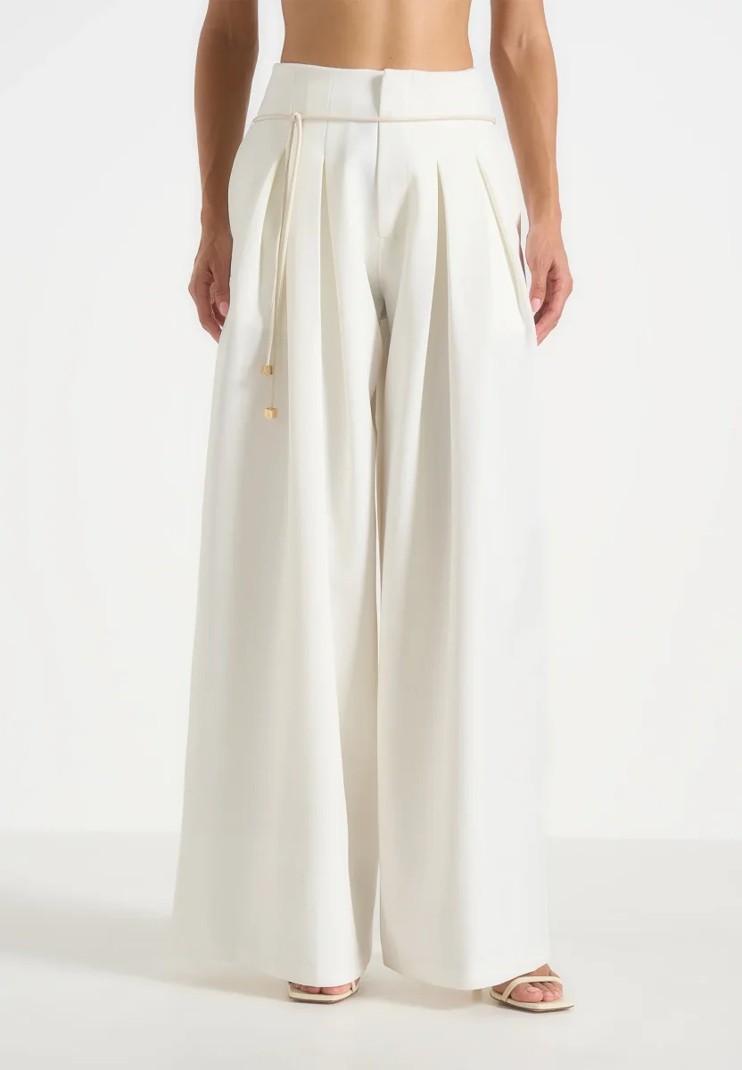 Flora - Box Pleat Wide Leg Belted Pants - White - Image 3