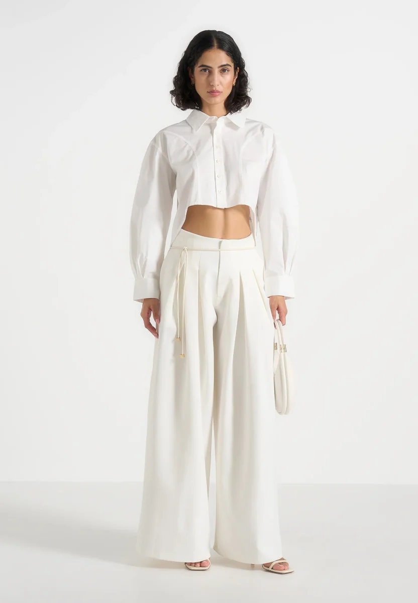 Flora - Box Pleat Wide Leg Belted Pants - White