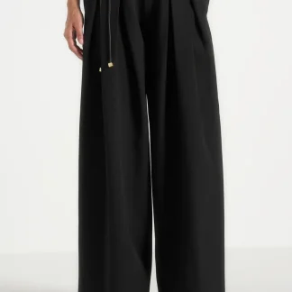 Flora - Box Pleat Wide Leg Belted Pants - Black