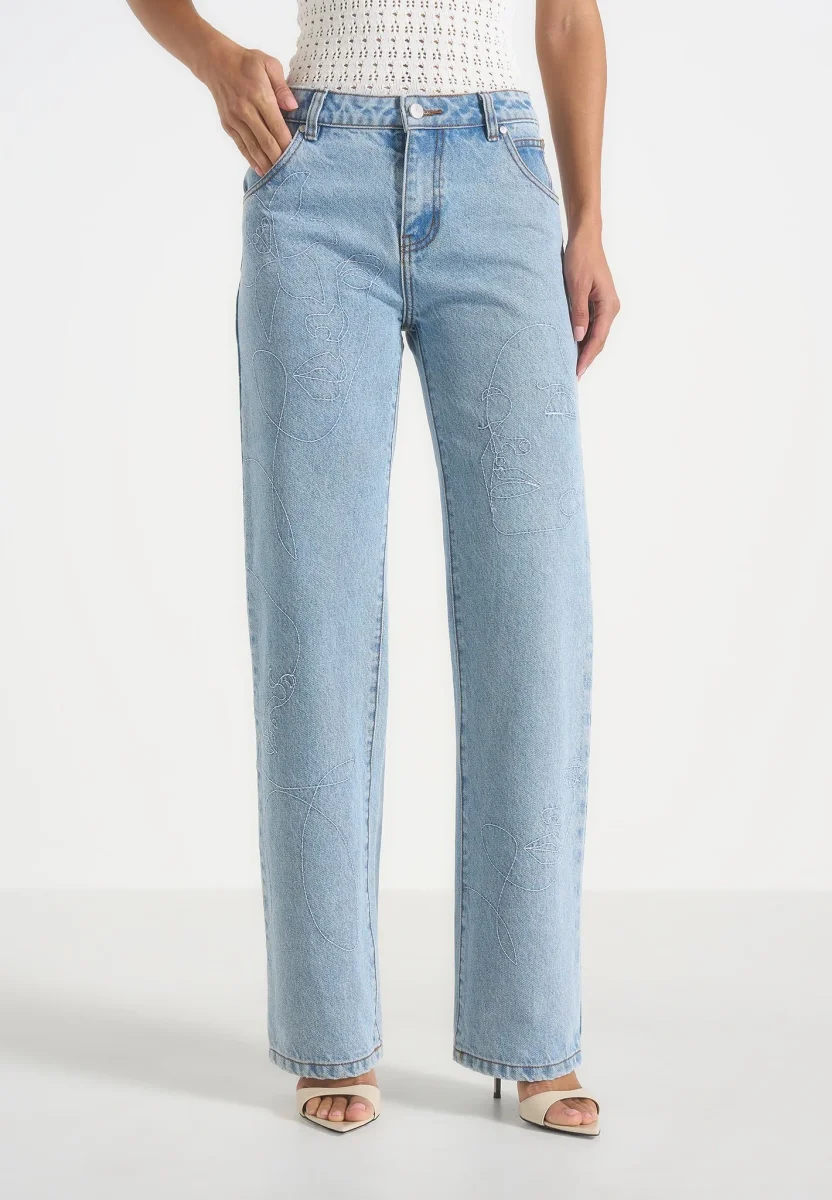 Calista - Line Art Denim Jeans - Mid Blue