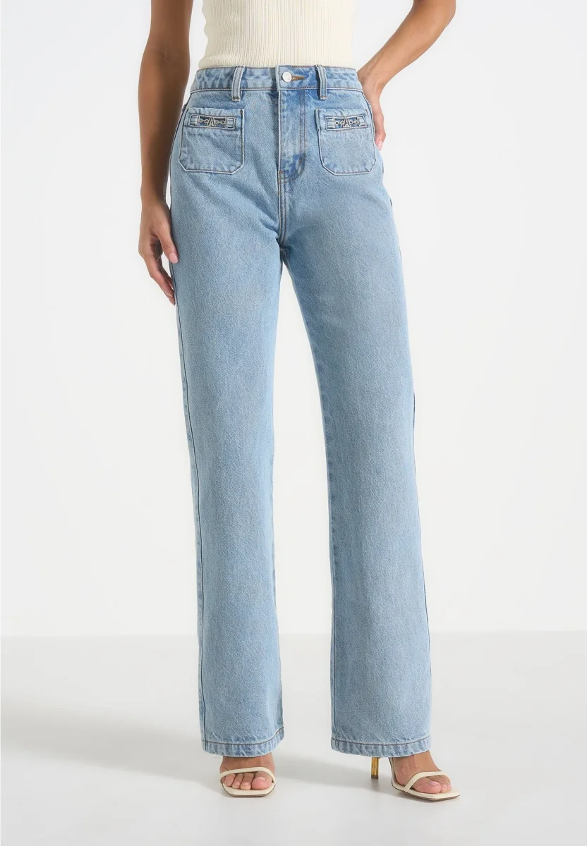 Frida - Eiffel Detail Straight Leg Denim Jeans - Mid Blue - Image 4