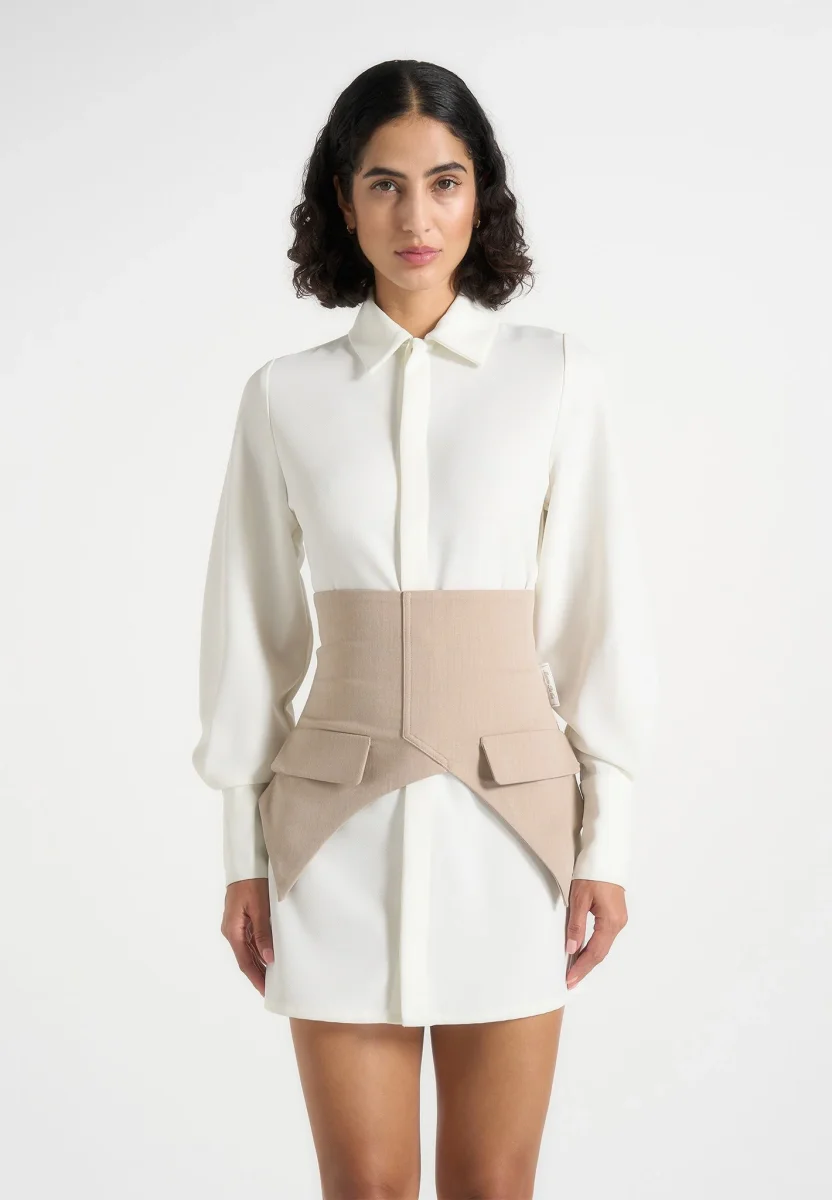Keira - Corset Overlay Shirt Mini Dress - White/Taupe - Image 3